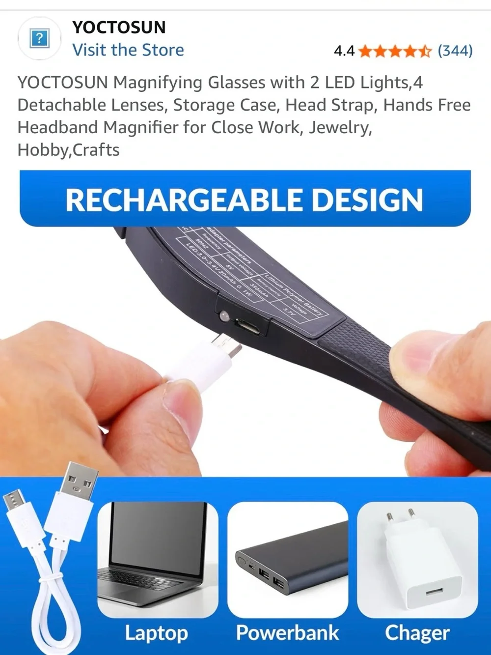 Black Hands-Free Headband Magnifier with LED Lights and 4 Detachable Lenses